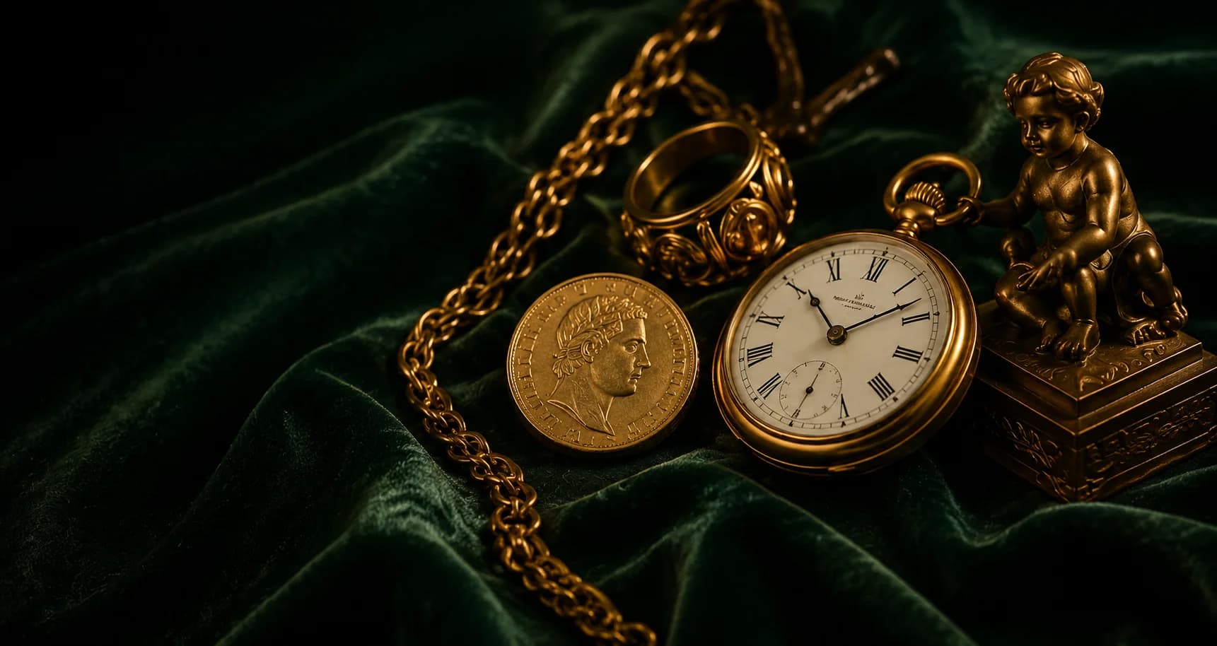 Bijoux en or, pièce ancienne, montre de poche et antiquité présentés sur un velours vert